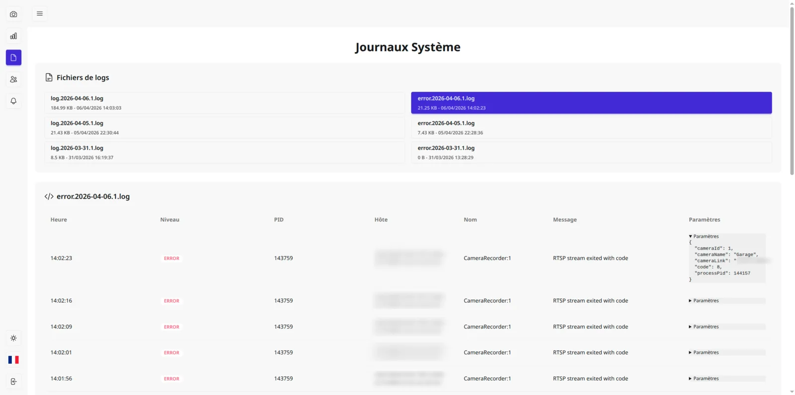 System logs screen: daily log and error files in two columns, and the selected error file shown as a table of timestamped RTSP errors.