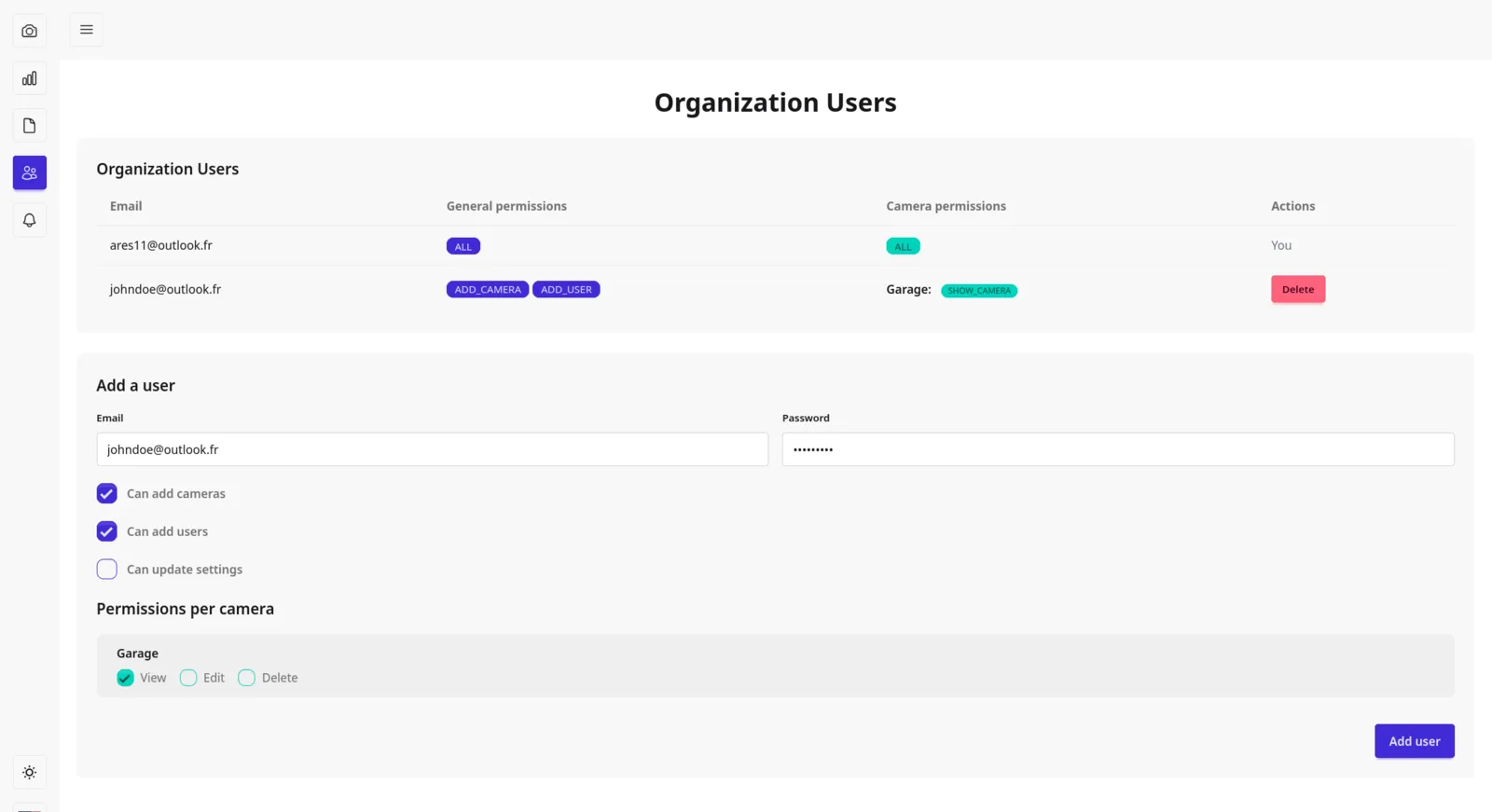 Organization users screen: a table of accounts with their general and per-camera permissions, and a form to add a user with checkboxes per camera.
